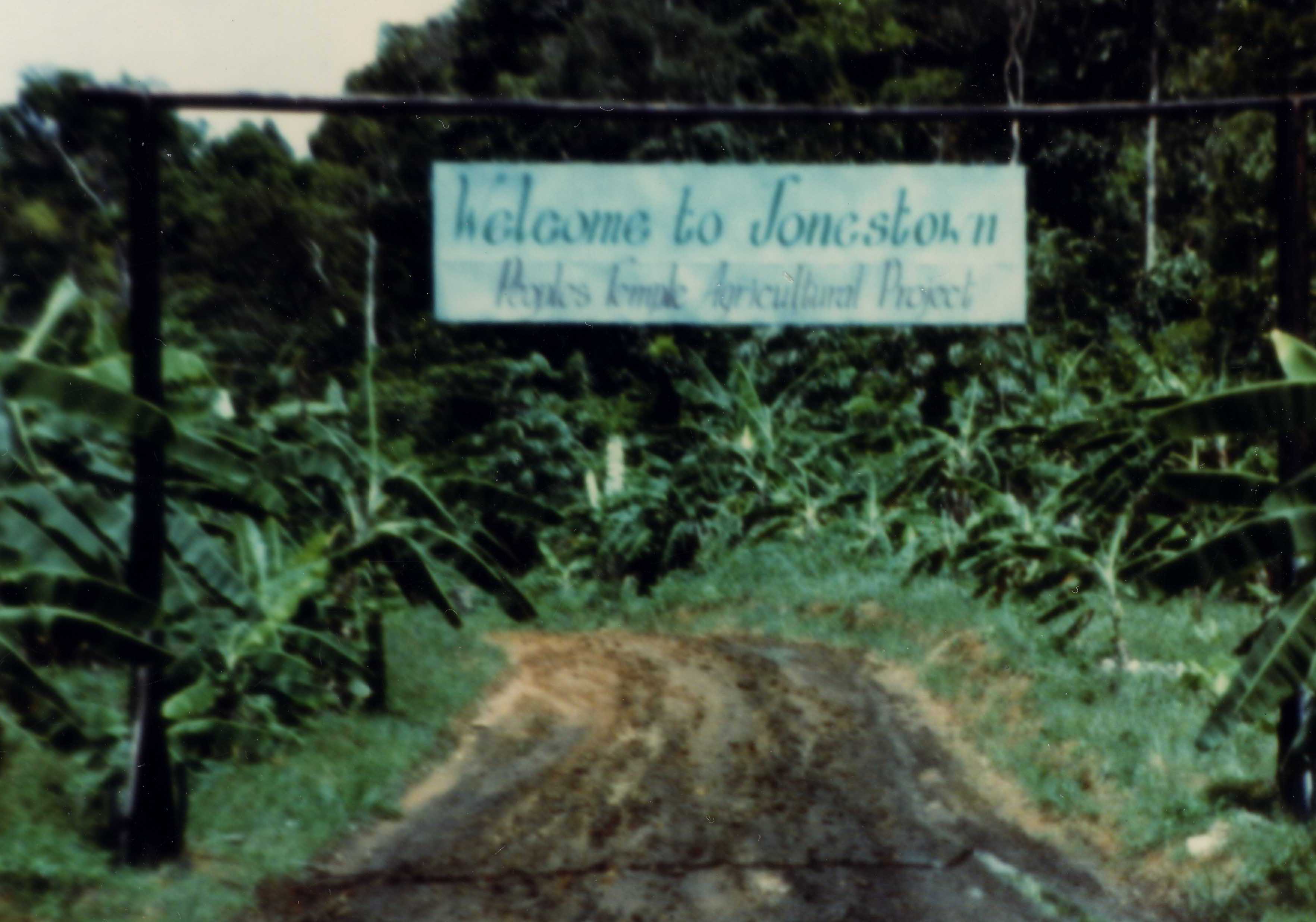 Peoples Temple in Guyana.  Source: The Jonestown Institute, <a target="_blank" href="http://jonestown.sdsu.edu">http://jonestown.sdsu.edu</a>. Also see <a target="_blank" href="http://commons.wikimedia.org/wiki/File:Jonestown_entrance.jpg">Wikimedia Commons</a>. 