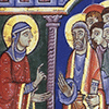 Cropped portion of an illuminated manuscript depicting Mary preaching to the apostles