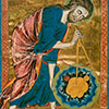 Prefatory miniature from a moralized Bible of "God as architect of the world", folio I verso, Paris ca. 1220–1230. Ink, tempera, and gold leaf on vellum 1' 1½" × 8¼". Public Domain.