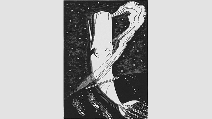 An image of one of Rockwell Kent's 1930 illustrations of Moby Dick. Depicts the whale rising high out of the water, with large arc of water from the whale's blowhole.