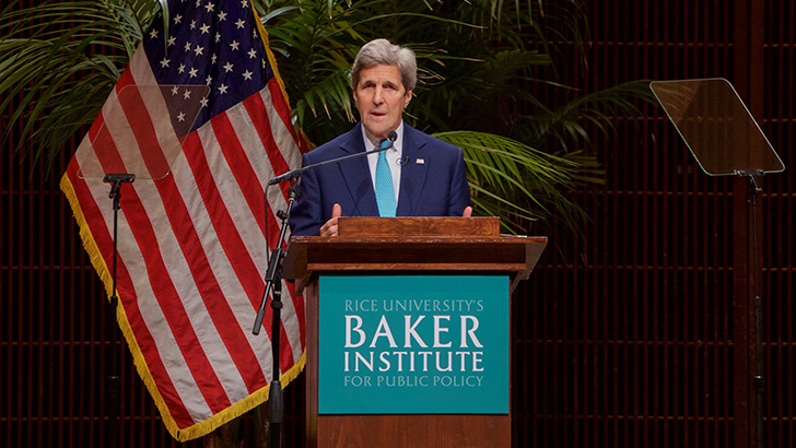 Secretary of State John Kerry speaking at the podium during a speech to the Baker Institue of Public Policy at Rice University