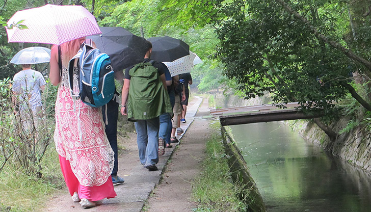 Row of students with umbrellas blocking the sun walking alongside a pond at Tetsugaku-no-Michi in Kyoto, Japan