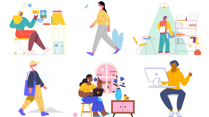 a collage of illustrations, clockwise from left: woman at a desk facing a desktop screen with faces in the conference window; woman walking and wearing a mask and yellow sweater; man with a backpack faces a bookshelf; man in a cap and mask walks while carrying a tote bag; a woman sitting with a laptop on her lap and sniffing a flower in front of a large window; a man faces his computer and gestures as if he's speaking