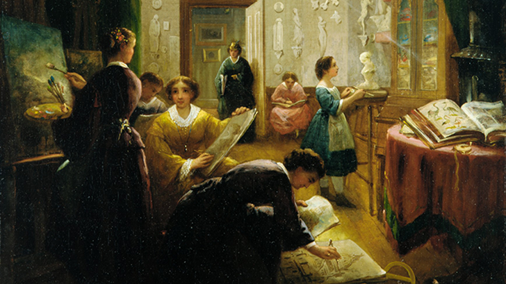 Oil on canvas painting, "Women's Art Class" by Louis Lang (c. 1868). Seven women painting in a salon.