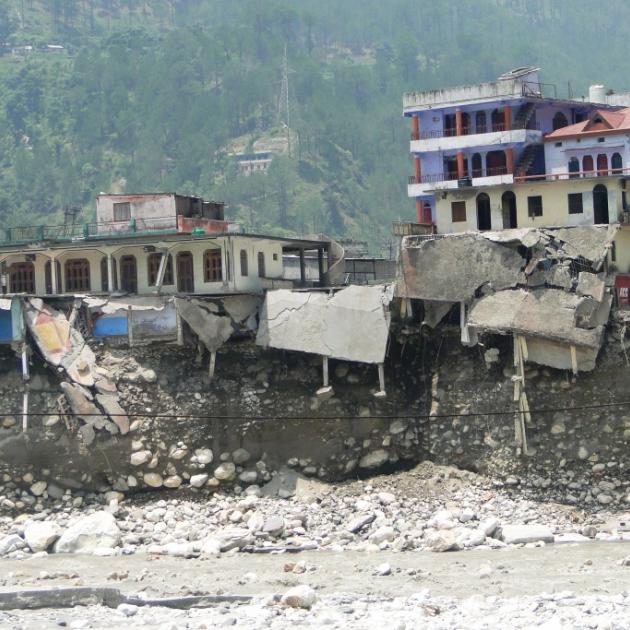 Photo of destroyed businesses and homes along the Bhagirathi river, which were flooded in June 2013.