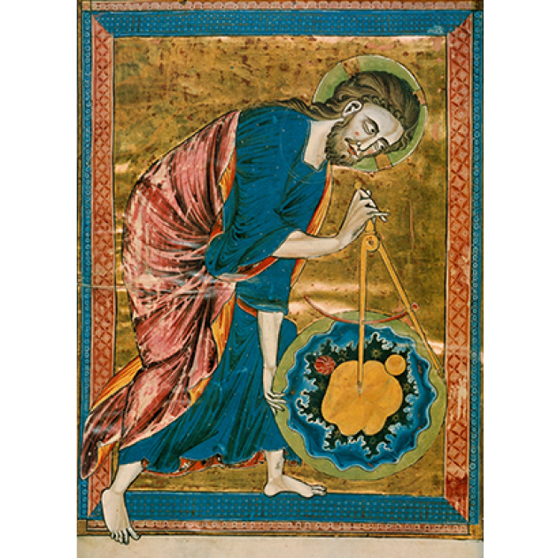 Prefatory miniature from a moralized Bible of "God as architect of the world", folio I verso, Paris ca. 1220–1230. Ink, tempera, and gold leaf on vellum 1' 1½" × 8¼". Public Domain.