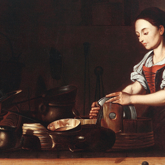 Painting, attributed to Spanish school of the 17th century, of a kitchen maidservant working