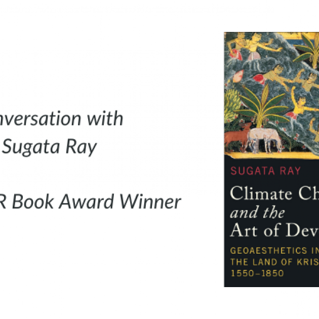 On a white background, text appears on the left "Conversation with Sugata Ray 2020 AAR Book Award Winner" and on the right is the image of his book's cover