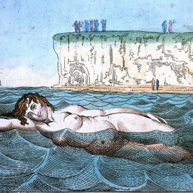 Venus's Bathing (Margate) A woman swimming in the sea; in the background people are looking out to sea from cliffs and a beach. The lettering says; Side Way or any Way. Etching by Thomas Rowlandson, ca. 1800 