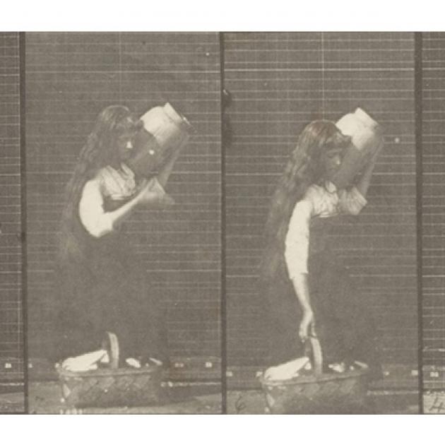 four stills of a draped woman carrying a jar on her shoulder and a basket in her hand
