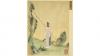 Hua Mulan in "Gathering Gems of Beauty," album leaf, ink and colors on silk. Painter identified as He Dazi. Qing dynasty. Mulan depicted in a field with her back to the viewer, holding a spear