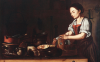 Painting, attributed to Spanish school of the 17th century, of a kitchen maidservant working
